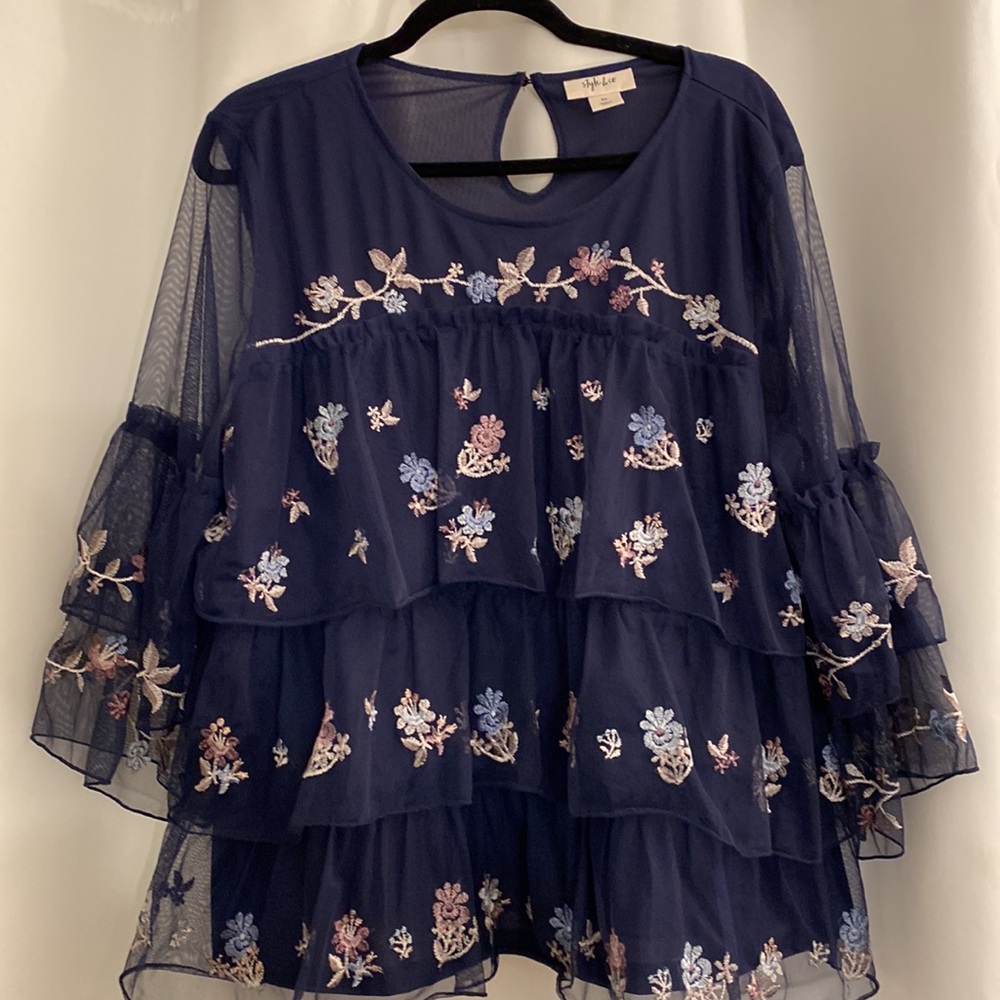Style & Co XL blue tulle ruffle tiered embroidered blouse
